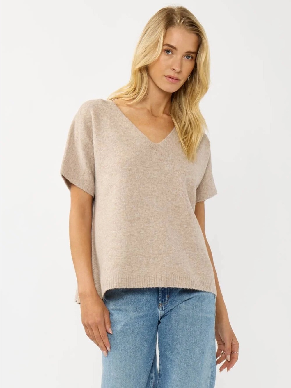 V-Neck Short Sleeve Sweater Top in Light Beige